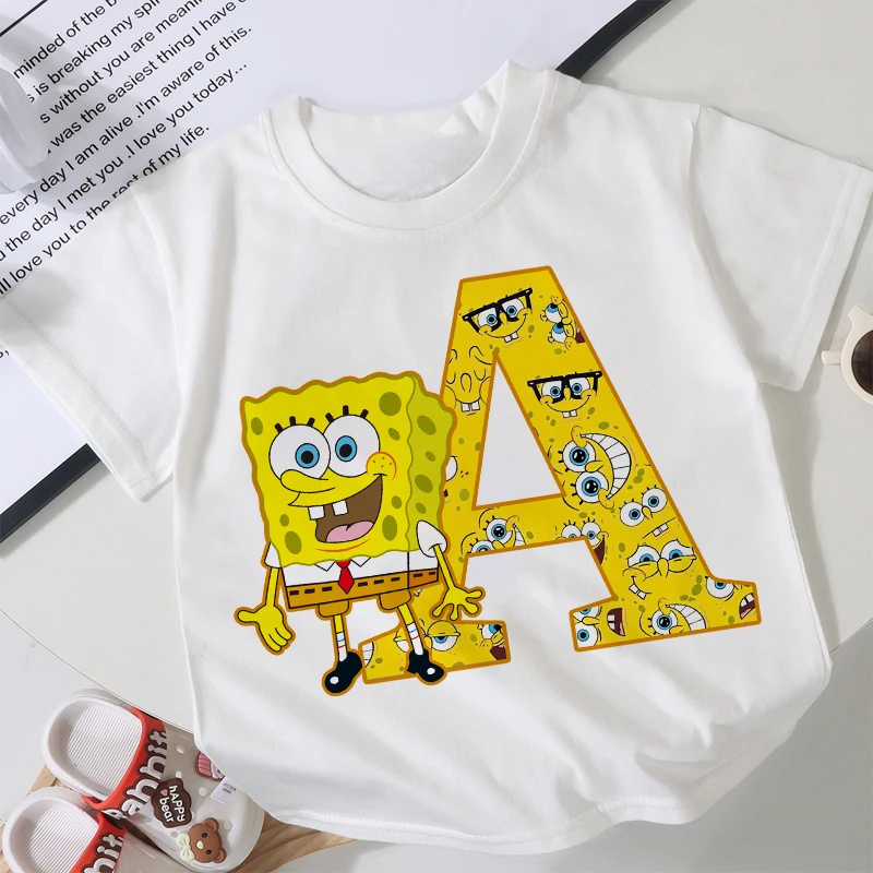 New Spongebob Children T-shirts Kawaii Cartoon Letter Graphic T-shirt Kids Casual Sporty Short Sleeves Tops Summer Girl Clothes