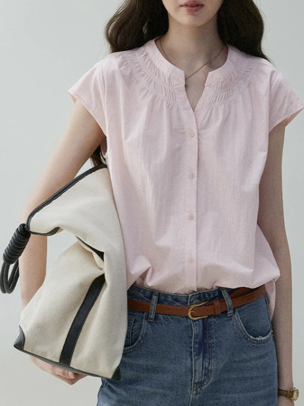 

Розовая женская свободная плиссированная повседневная блузка с круглым вырезом и коротким рукавом, модный дизайн, хлопок, прямой крой