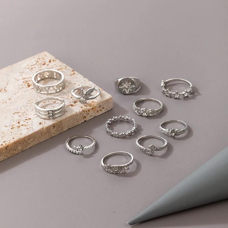 Tocona 13pcs/sets Bohemian Silver Color Star Rings Sets for Wmen Shiny Crystal Stone Geometric Wedding Rings Jewerlry 14306