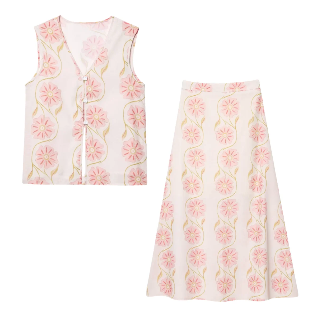 

BM&MD&ZA Women’s V - neck Sleeveless Single - Button Vest Top and Mid - Length Half Skirt Set Elegant Sweet Linen Print Outfit