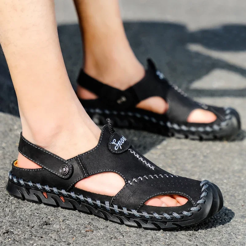 LETCOMFIT Handmade Cowhide Shoes Men Breath Casual Sneakers Comfort Durable Rubber Bottom Slip-On Summer Outdoor Hiking Sandals image 4