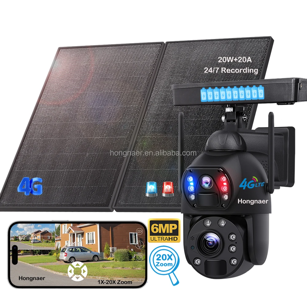 Kamera CCTV PTZ Solar Nirkabel 4G Hongnaer Mode 7/24 Zoom 20X Lensa Ganda Keamanan Luar Ruangan Kamera Solar Kartu SIM 4G