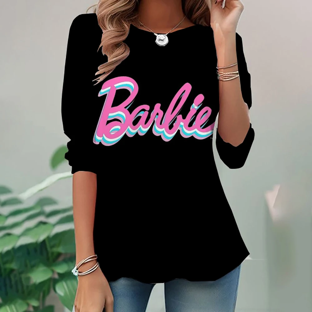 Colorful bright pattern trend T-shirt, Long sleeve spring and autumn Barbie Princess print fashion women's tees