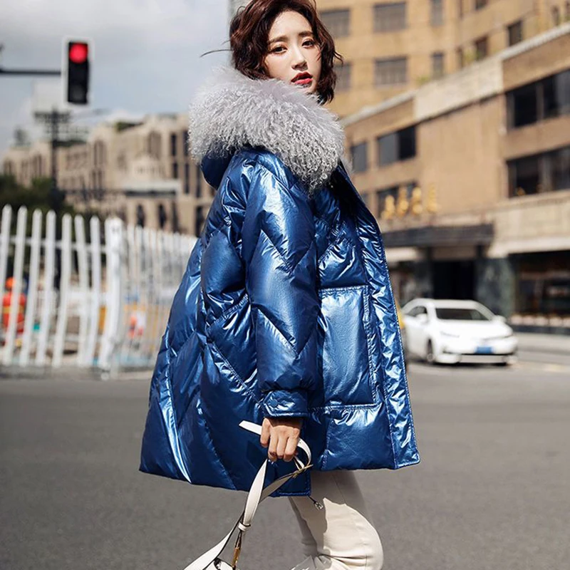 

New Glossy Women's Down Jacket Winter Coat Natural Wool Fur Collar Parker Overcoat Female Loose Short 90% White Duck Outerwear