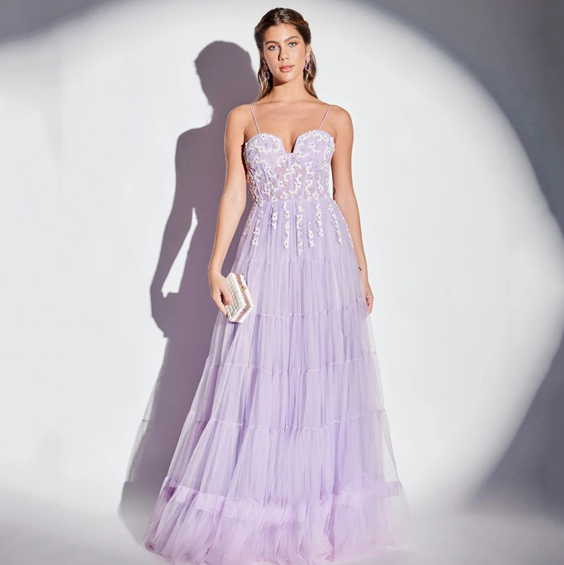 

Eightree Elegant A-Line Evening Dresses Formal Spaghetti Stras Appliques Prom Dress Light Purple Cocktail Party Gown Custom Size