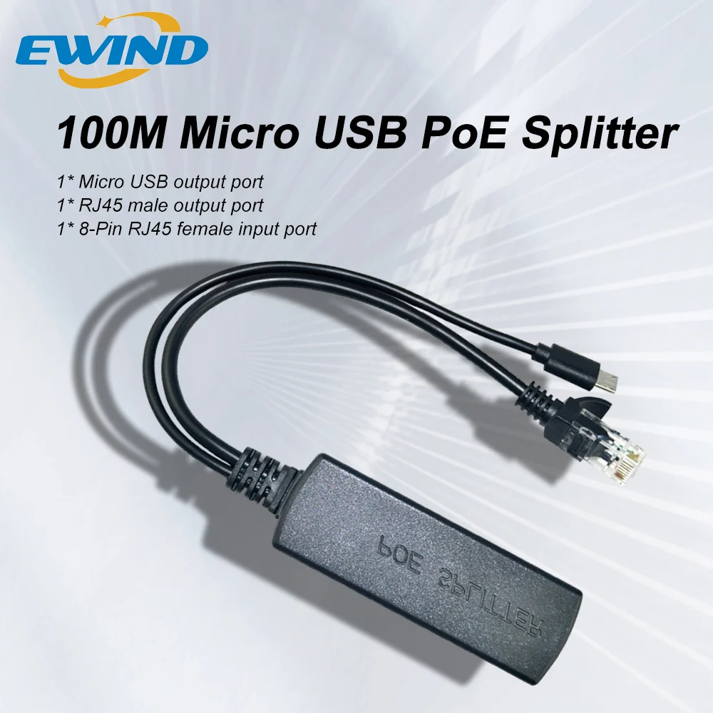 

EWIND POE Splitter 10/100Mbps IEEE802.3af 44-57V To 5V 2.4A Micro USB Power Supply for IP Camera Wireless AP or Non-POE Device