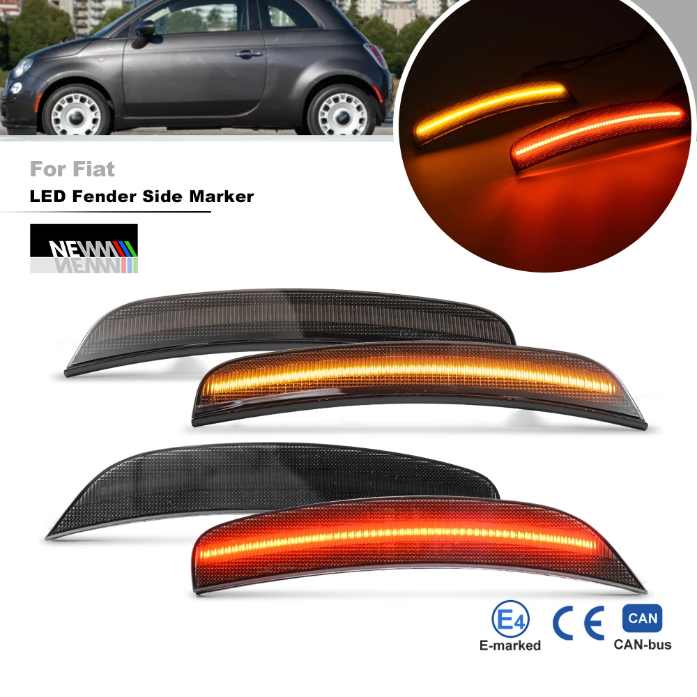 Smoked For 2012-2017 Fiat 500 Pop/Lounge 2012-2015 500C Pop/Lounge LED Bumper F&R Fender Side Marker Light Turn Signal Reflector