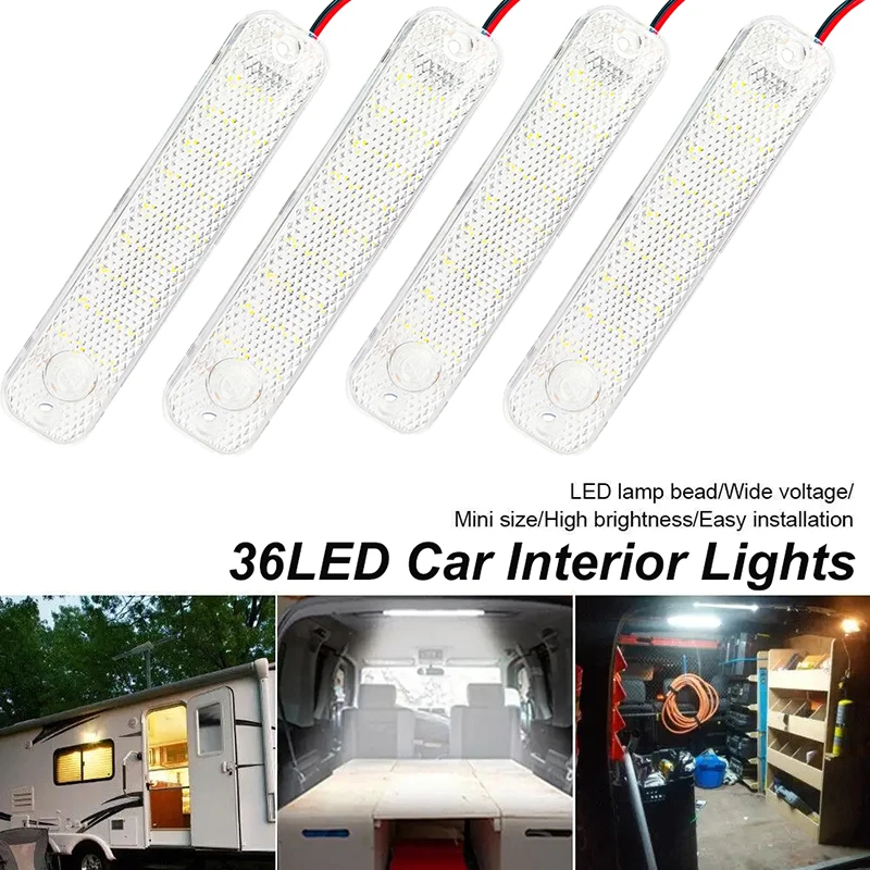 

4pcs High Bright Car Reading Light 36LED Car Ceiling Interior Lamp 12V Universal Cabin Light Strip For Van Truck RV Camper Boat