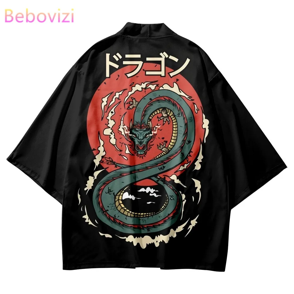 Kimono tradicional con estampado de dragón de Anime japonés para hombre y mujer, ropa de calle para la playa Yukata, cárdigan de Cosplay, abrigo negro Haori