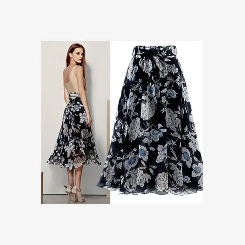 تنورة نسائية صيفية عالية الخصر بطبعة زهور من الشيفون، تنورة ميدي على شكل حرف A، تنورة للمشي في المدينة بخصر طبيعي وسحاب جانبي...