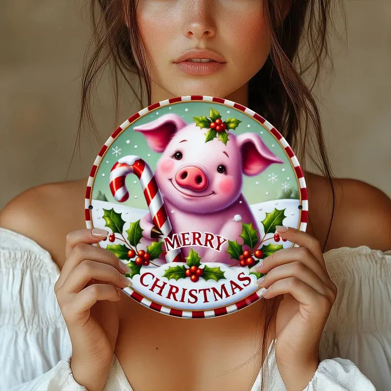 1 Stück, rundes Metallschild „Merry Christmas Little Pig“ mit Lollipop-Motiv – langlebig, einfach aufzuhängende Dekoration, geeignet für Schlafzimmer, Küche