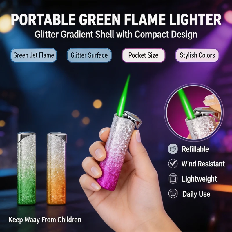 New Mini Butane Lighter, Metal Gradient Ice‑Flower Balloon‑Shaped Shell, Wind‑Proof Jet Green Flame, Compact Portable Design