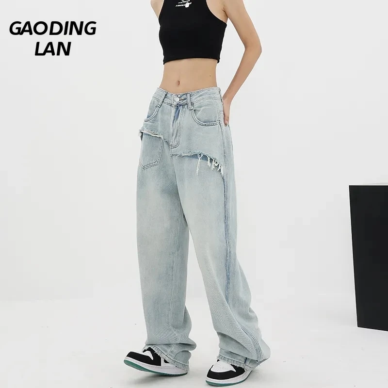 GAODINGLAN Vintage High Waist Straight Tube Splicing Women Jeans High Street Wide Leg Baggy Denim Pants Y2k Blue Trousers Female