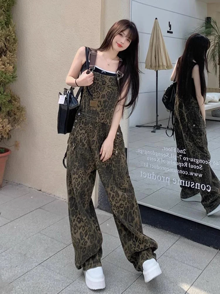 

American High Street Leopard Print Denim Overalls Women's Casual Wide Leg Pants Spring Autumn Large Size Straight Cut Trousers