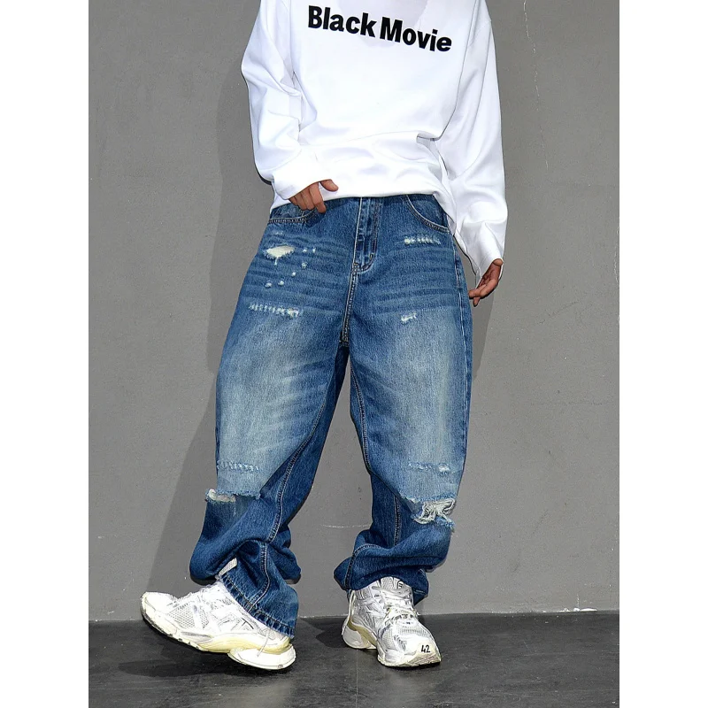 

Американские джинсы High Street Distressed Ripped Baggy, мужские модные свободные прямые брюки в уличном стиле