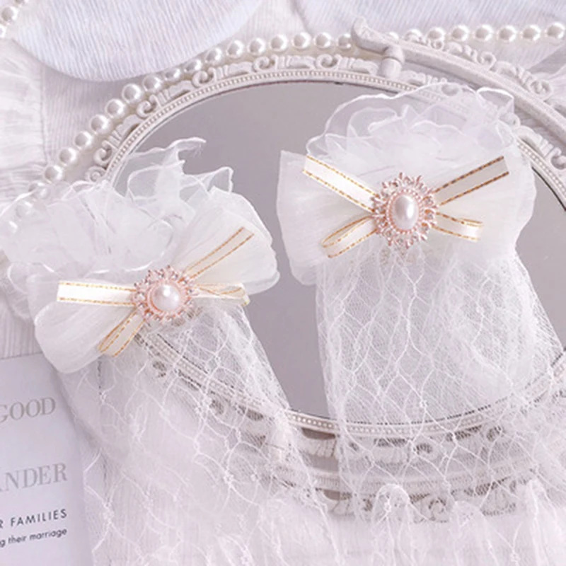 Ręcznie Robione Rękawiczki Lolita Koronkowe Czarne Białe Siateczkowe Kokardki Kwiatowe Koronkowe Rękawiczki Damskie Dziewczęce Akcesoria do Kostiumów Cosplay Rękawiczki i Mitki