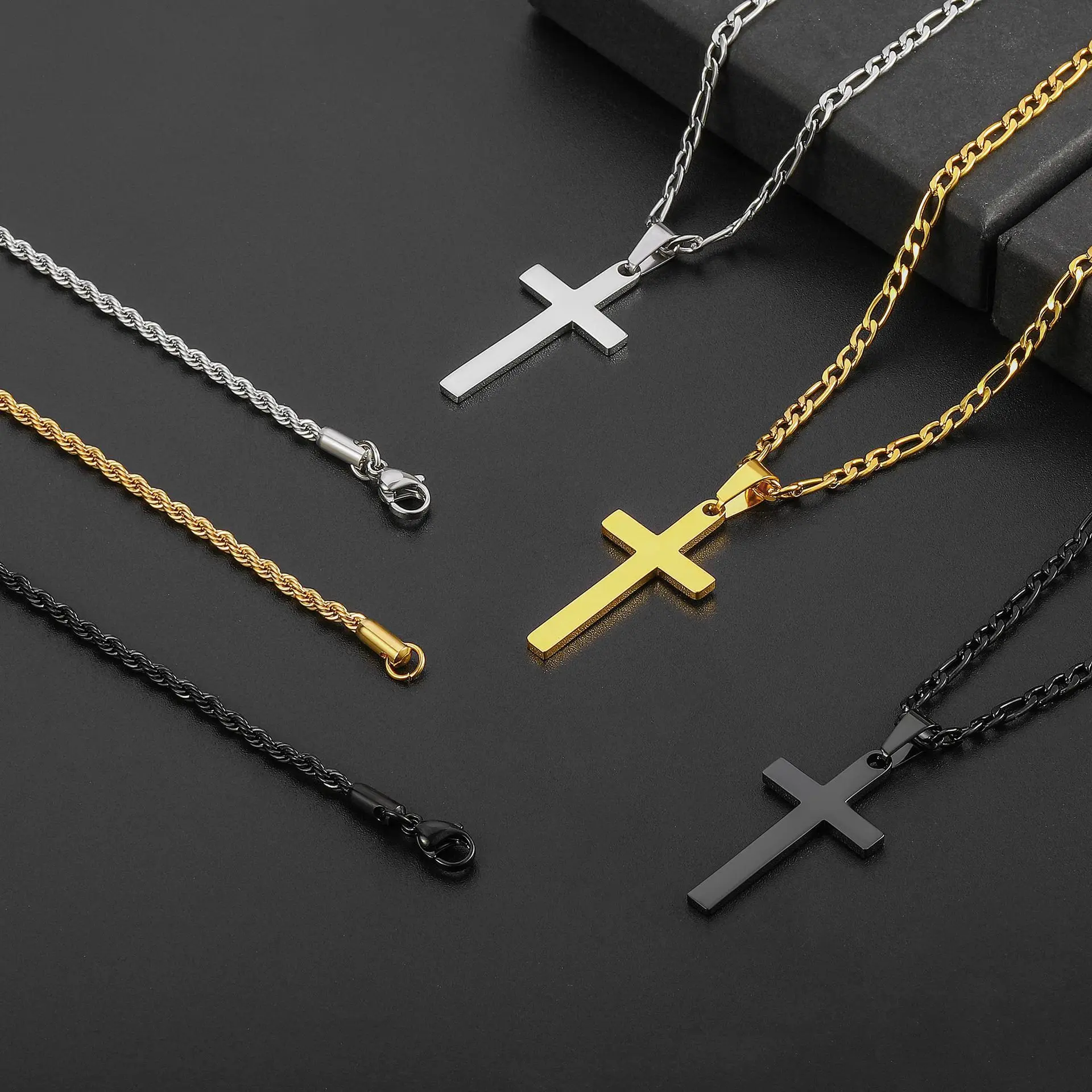 Men 14K Real Gold Plated Cross Necklace Waterproof Layer Figaro Cuban Rope Chain Necklaces Easter Christian Religious Jewelry