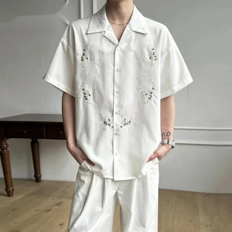Men's Niche Design Cuban Collar Shirt Floral Embroidery Camp Collar Short Sleeve Loose Fit Casual Premium Blouse Top LX46