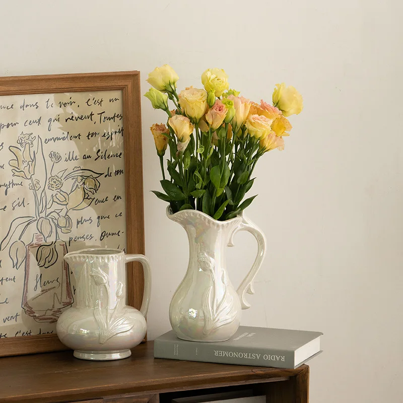 Ceramic Vase with Pearl Luster Vintage Handle Flower Floral Arrangement Accessories Home Decoration
