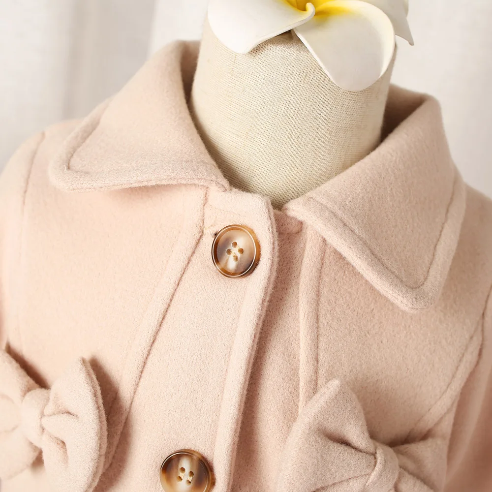 (0-3 Years Old) Winter New Girls\' Blouse Button Coat Coat Solid Color Simple Fashion Lapel Long Solid Color Bow