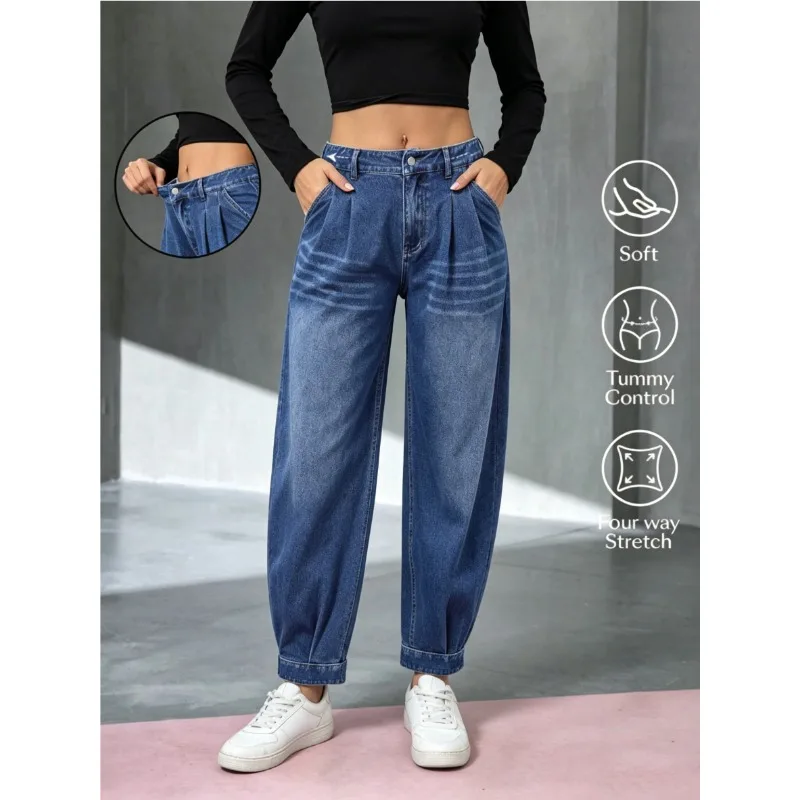 Women's Jeans Relaxed New High Waist Washed Faded Elastic Waist Denim Pants Cropped Casual Trousers
