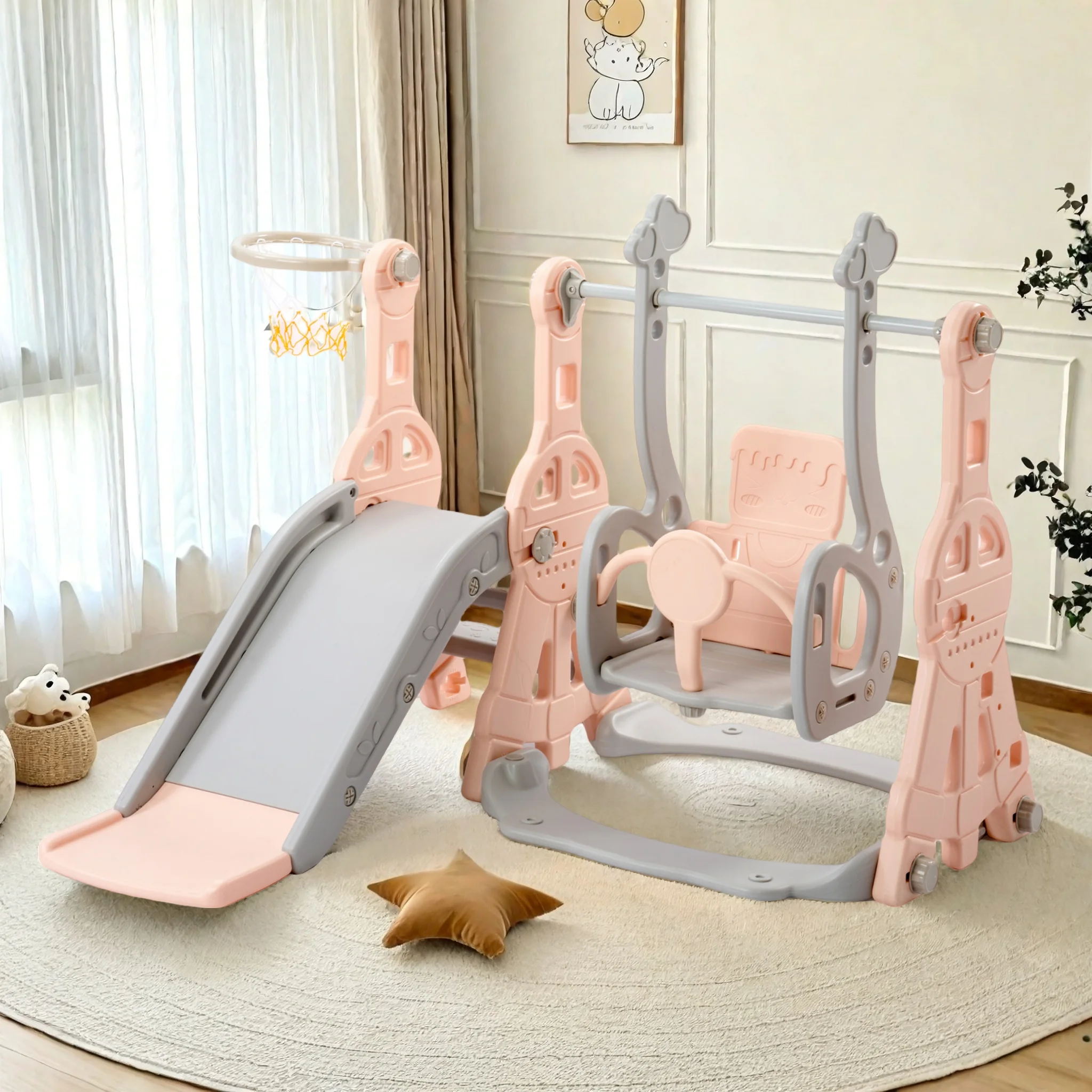 Rosahqnda Kinderrutsche, multifunktional, 4-in-1, Kinderrutsche, Schaukel mit Basketballständer, für Kinder, Pink, Blau