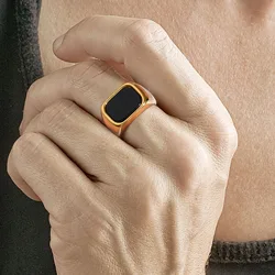 New Fashion Signet Rings for Men, Geometric Rectangle Black Stone Top Ring, Waterproof Gold Color Stainless Steel Finger Bands