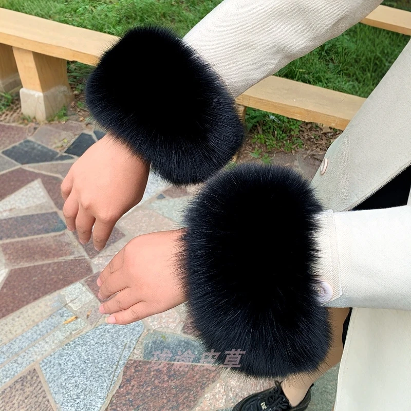 100% Genuine Natural Real Fox Fur Cuffs Women Coat Sleeve Wrist Arm Warmers Winter Warm Oversleeve Decorate Wristband Fox Gloves