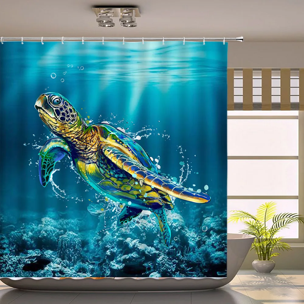 

Sea Turtle Shower Curtain Deep Sea Creature Watercolor Land Animal Fox Tiger Giraffe 3D Print Home Decor Bath Curtain with Hooks