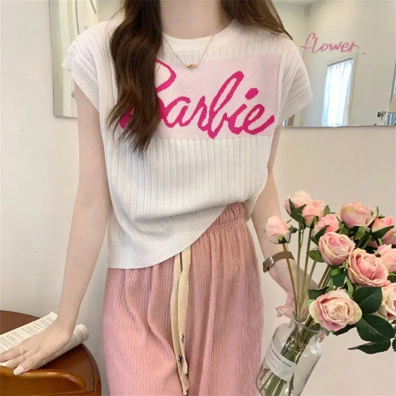 Barbie Sleeveless Crew Neck Sweater Cartoon Casual Top Cute Slim Fit Woolly Anime Short Style Knit Shirt Cute T-Shirt Girl Gift