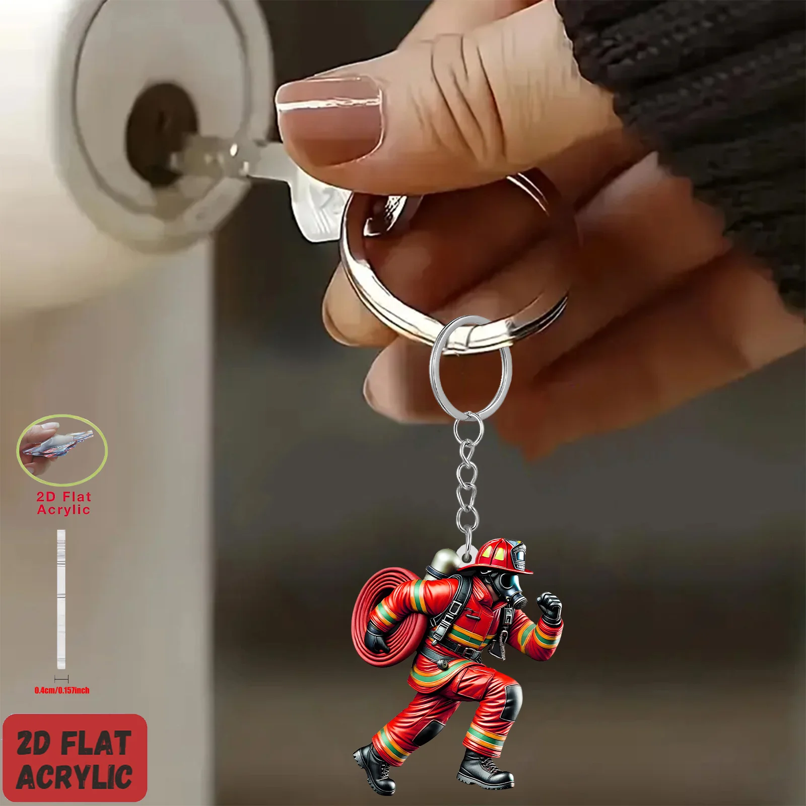 Firefighter Theme Keychain,2D Flat Acrylic Pendant,Firemen Warrior Ornament Charms,Hanging Decor for Bag Home Festive Party Gift