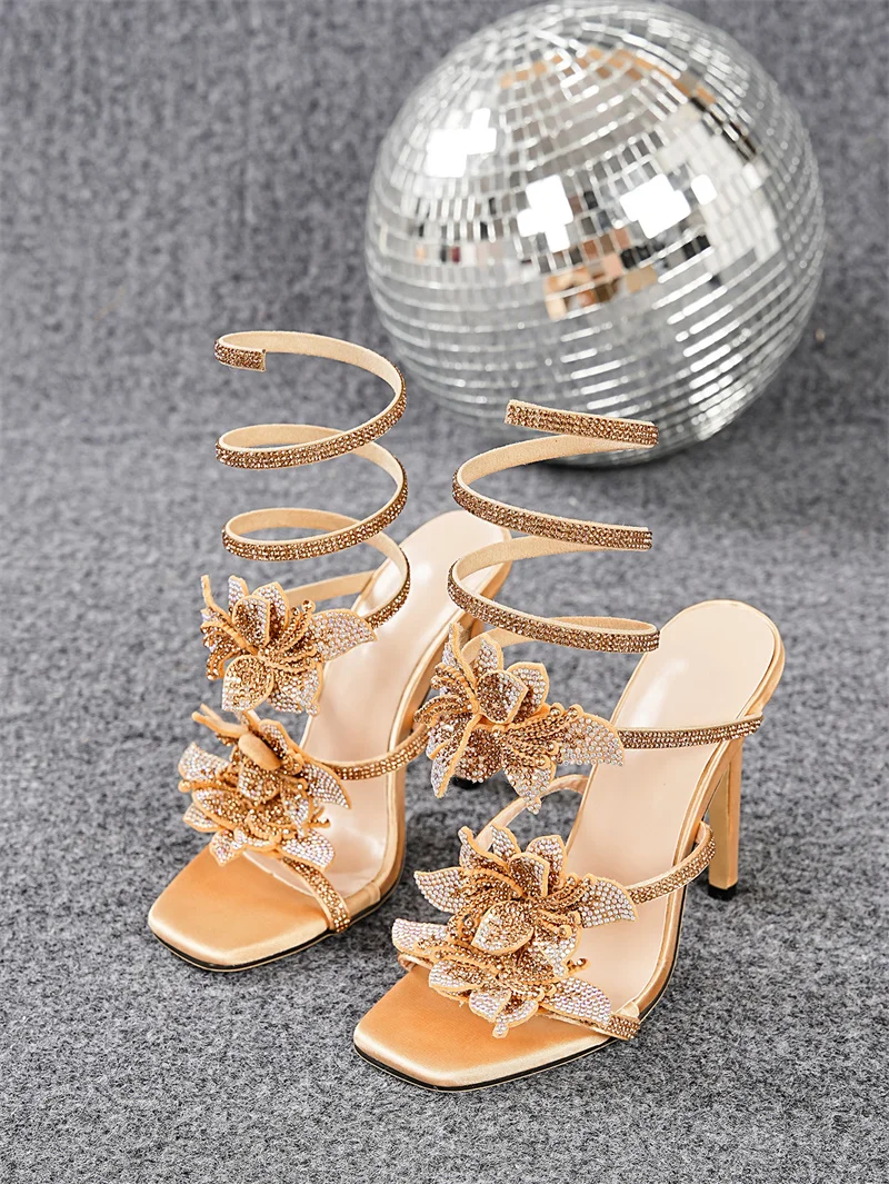 Liyke Gold Sexy Rhinestone Flower Thin High Heels Women Sandals Street Style Narrow Band Ankle Strap Pole Dancing Ladies Shoes S4ff64c8fe442457293b36dbfed98b8b3z
