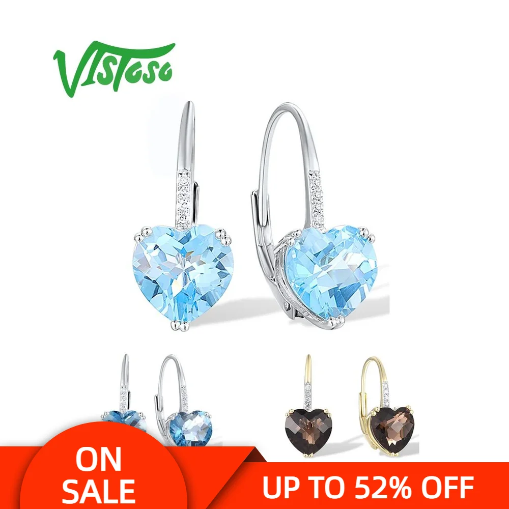 

VISTOSO 14K 585 Rose/White Gold Earrings For Women Sparkling Diamond Blue Topaz/Smoky Quartz Heart Earrings Wedding Fine Jewelry