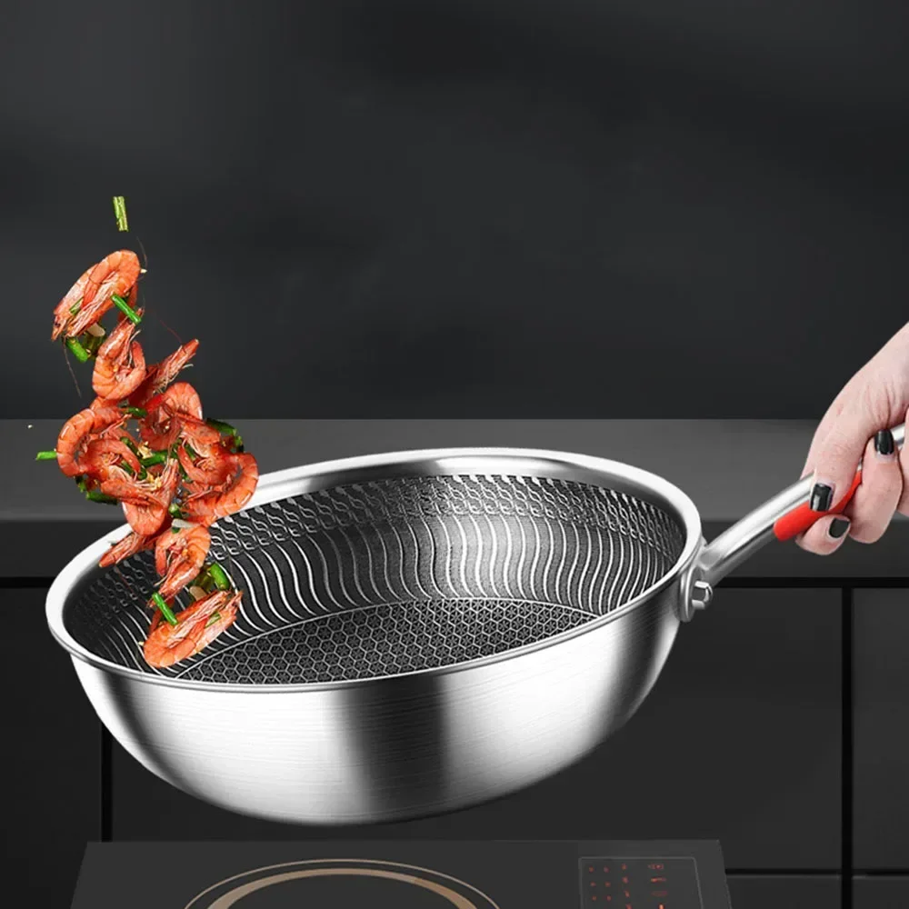 316 Full Stainless Steel Wok spessa padella fatta a mano a nido d'ape antiaderente antiappannamento fornello a Gas/induzione pentole da cucina