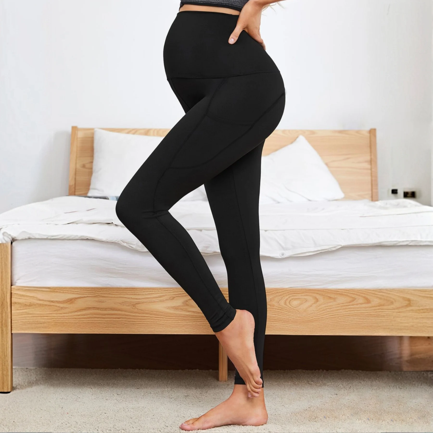 Maternity Shark Skin Pants Women Adjustable Belly Band Pocketed Yoga Workout Active Support Over Belly S-XL Leggings