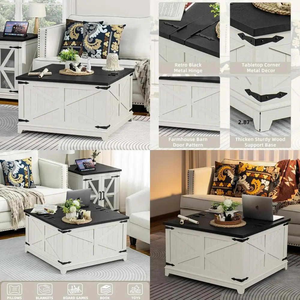 Antique Black and White Large Square Coffee Table with Hidden Storage for Living Room, Farmhouse Style Centerpiece