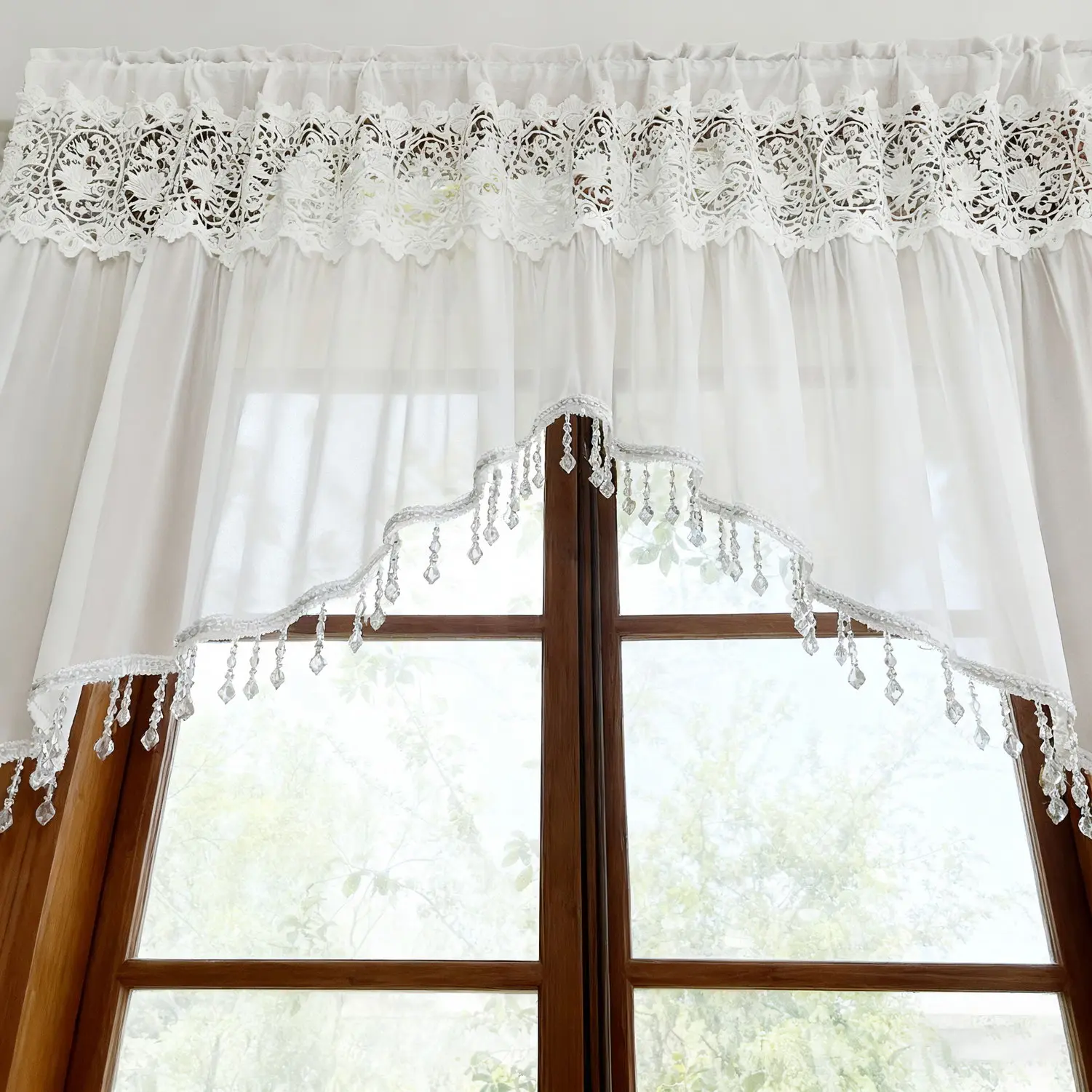 

Korean Style High-end White Lace Triangular Curtain With Bead Pendant Transparent Window Curtain,Home Drapes-rod pocket process