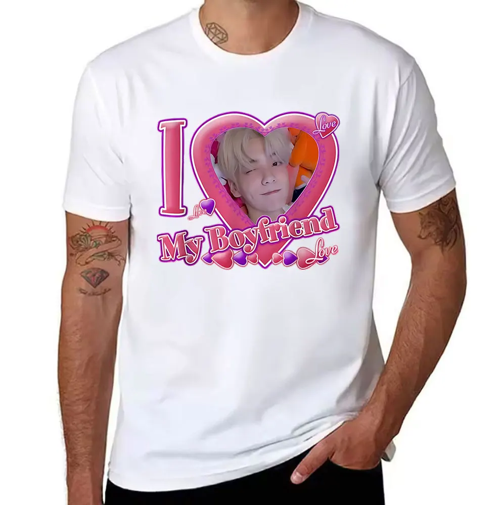 I Love My Boyfriend Graphic Cotton T-Shirt, Trendy Heart Frame Print Casual Men's Tee, Cute Romantic Design Daily Top