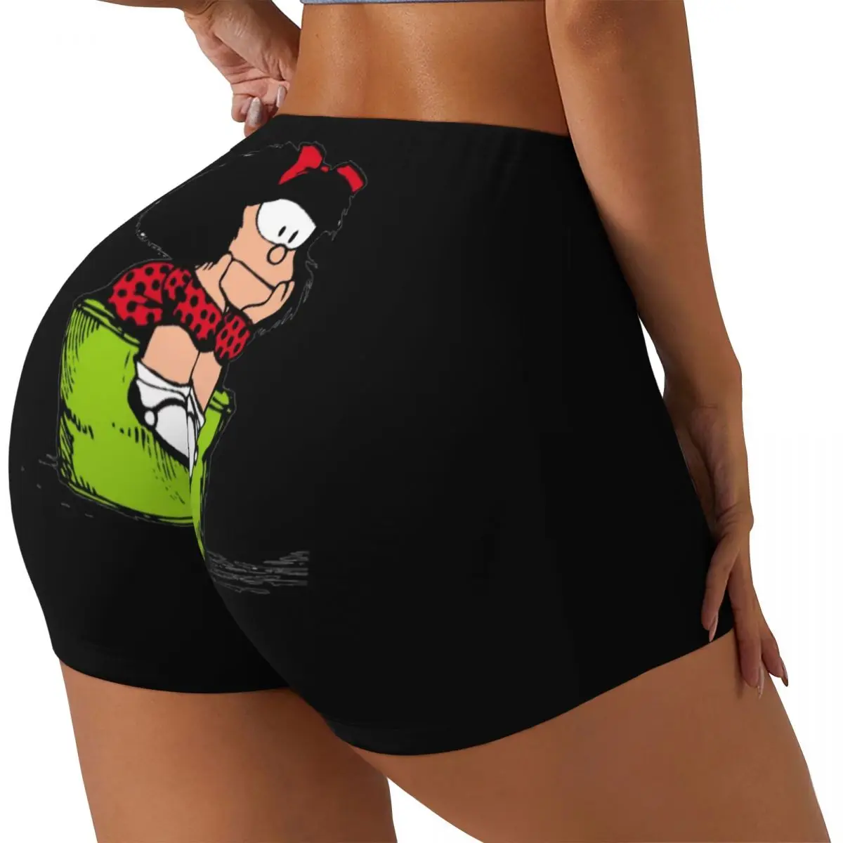 Custom Women's Mafalda Thinking Workout Yoga Shorts Quino Comic Cartoon Athletic Gym Biker Running Shorts