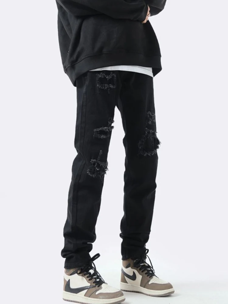 

Модные мужские джинсы в стиле High Street с рваными элементами, американский стиль, слегка расклешенные, весна-осень, новые, приталенные, прямые