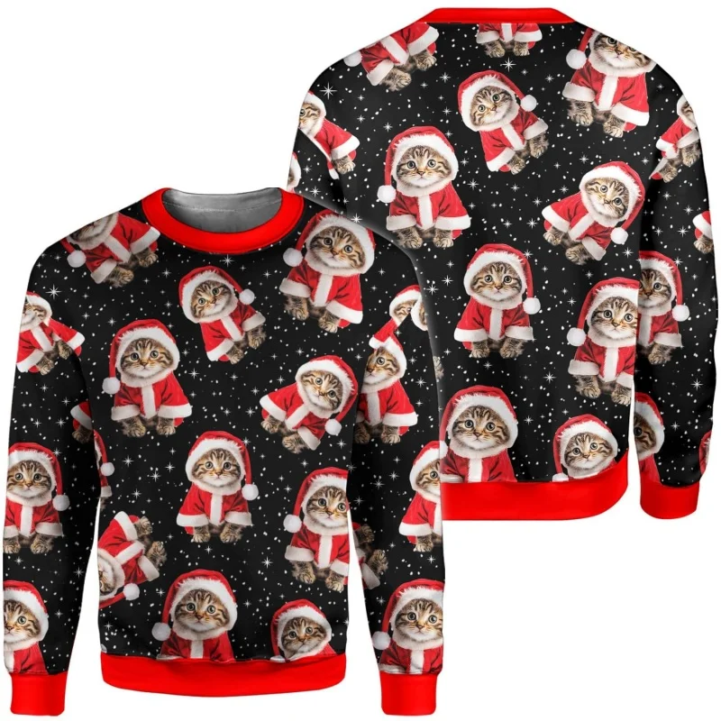 ثلاثية الأبعاد مطبوعة عيد الميلاد قبعة البلوز للرجال النساء القط يسوع الألبكة نمط البلوفرات عادية فضفاض الجولة الرقبة طويلة الأكمام هوديس #2