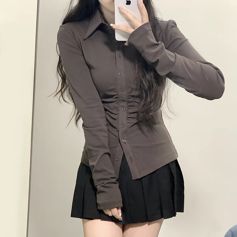 Pure desire style JK waist shirt feminine long sleeve short sleeve gray shirt design sense hot girl slimming top spring