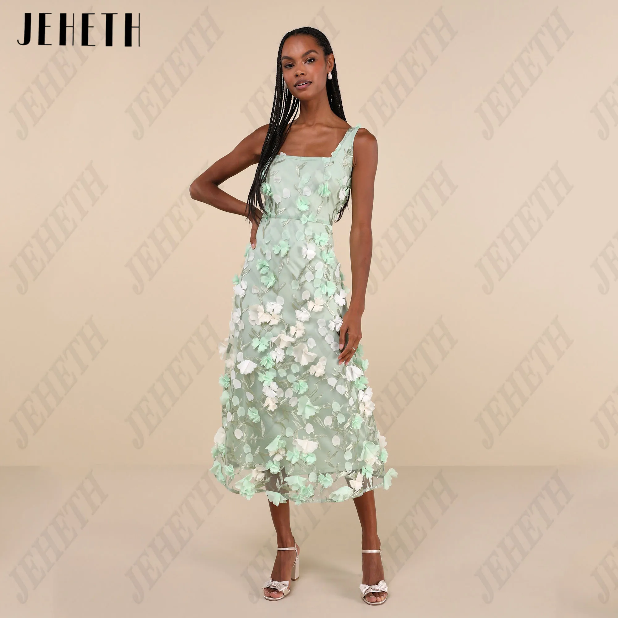 JEHETH-vestido de fiesta de encaje con flores, traje sin mangas, bordado, largo hasta el té, personalizadoJeheth a encaje flores vestidos de baile bordados sin mangas sin tirantes vestidos de noche de color marrón pers