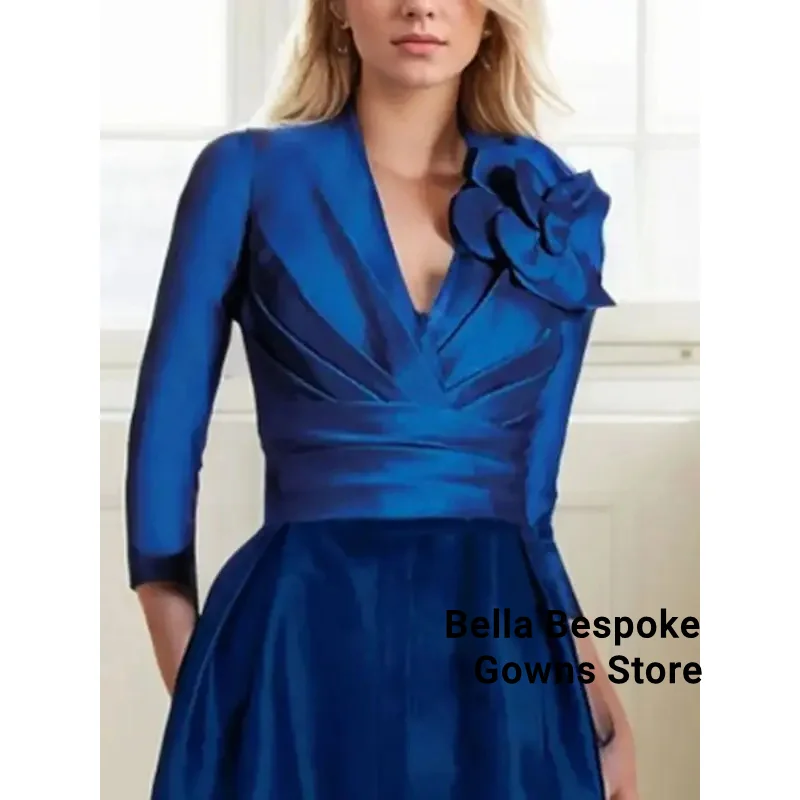 Fashions Elegant A-line Prom Evening Gown Long Sleeve Satin V Neck Floor Length Pleated Wedding Guest Dress 2025 Free Customized