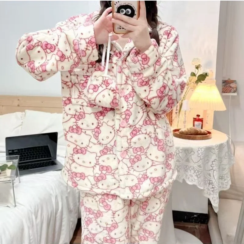 Winter Women's Hello Kitty Pajama Set Cartoon Flannel Pajamas Thickened Fluffy Plush Warm Comfortable Loose High Quality