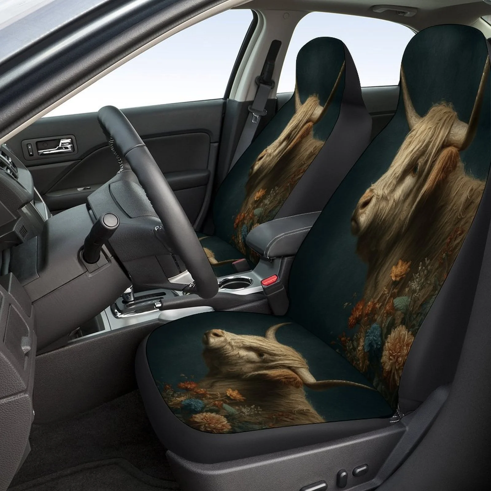 Highland Cow Floral Portrait Designed Car Seat Cover Set For Most Cars, High-quality Comfortable Car Seat Protector Covers Full