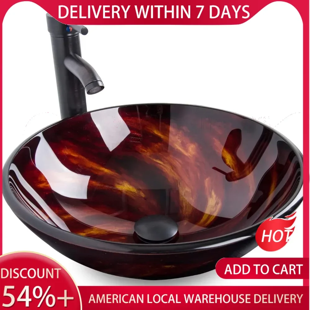 Artware Sink Bathroom Tempered Glass Vanity Round Bowl With Oil Rubber Bronze Faucet and Pop Up Drain Combo Countertop Furniture