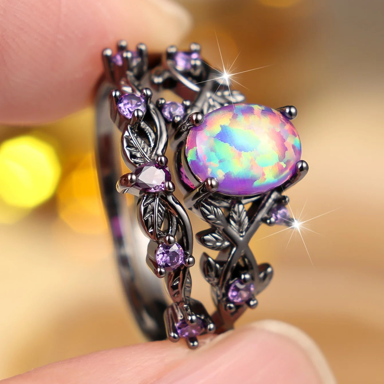 Small Crown Luxury Female Purple Opal Engagement Ring Set Vintage Black Color Bridal Wedding Bands Party Jewelry For Women