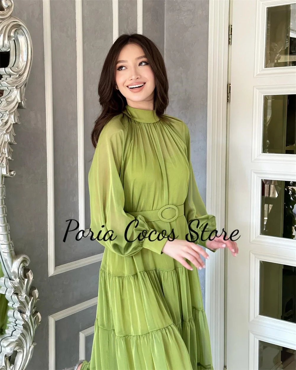 Birthday Party Midi Dresses Solid Color High Collar Full Sleeves Tea-Length Elegant Homecoming  فساتين للحفلات الراقصة