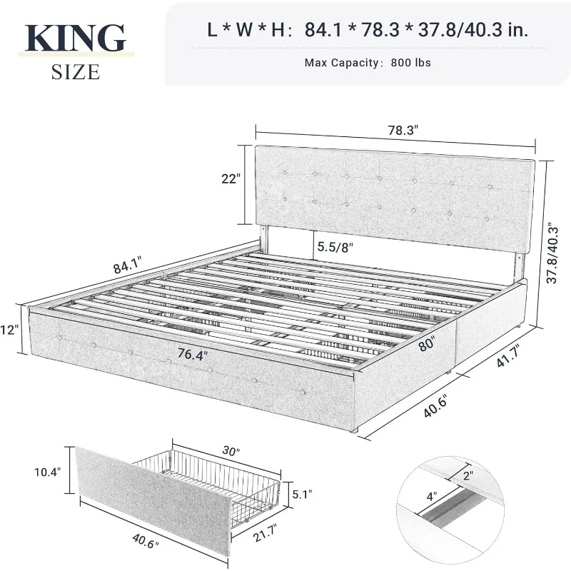 Gestoffeerd Kingsize Platform Bedframe Met 4 Opbergladen En Hoofdeinde, Vierkant Gestikte Knoop Getuft